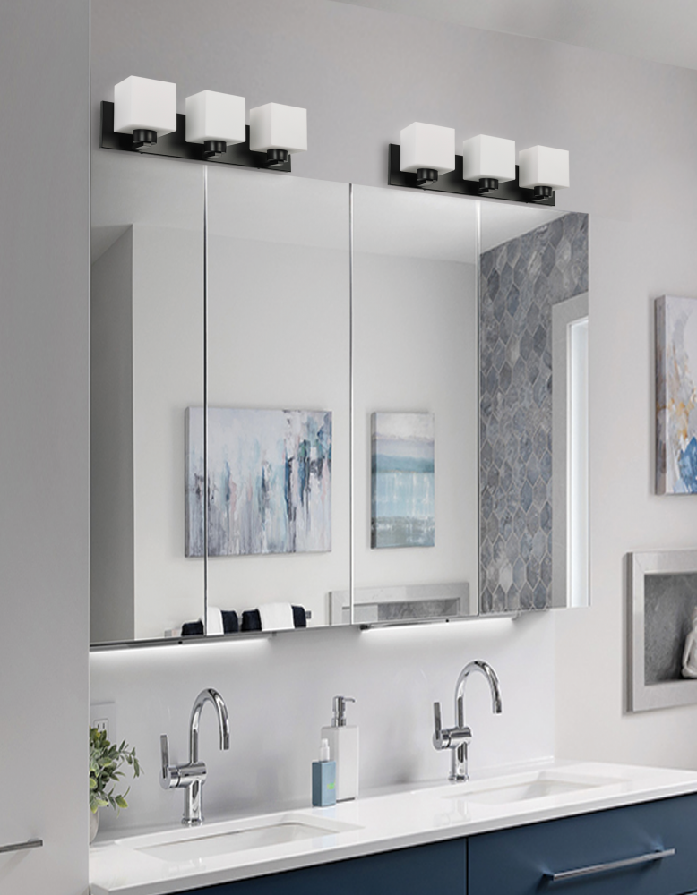 3LT Vanity, MB w/ WH Opal Glass