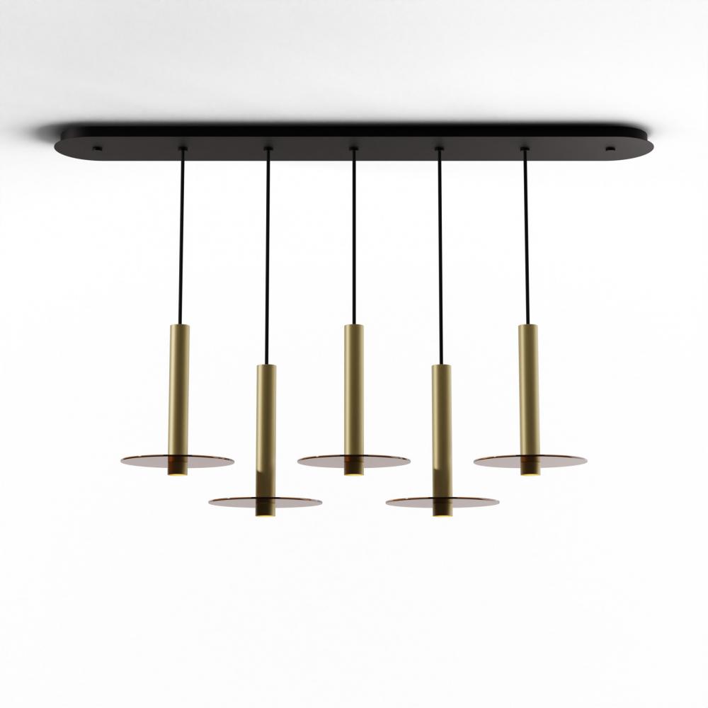 Combi Pendant 12" Linear 5 Combo Brass with Matte Black Canopy, 9" glass plate (Tea Brown) a