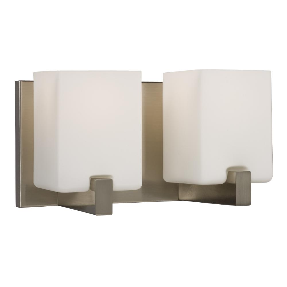 2-Light Vanity Light - Brushed Nickel with Square White Opal Glass Shades