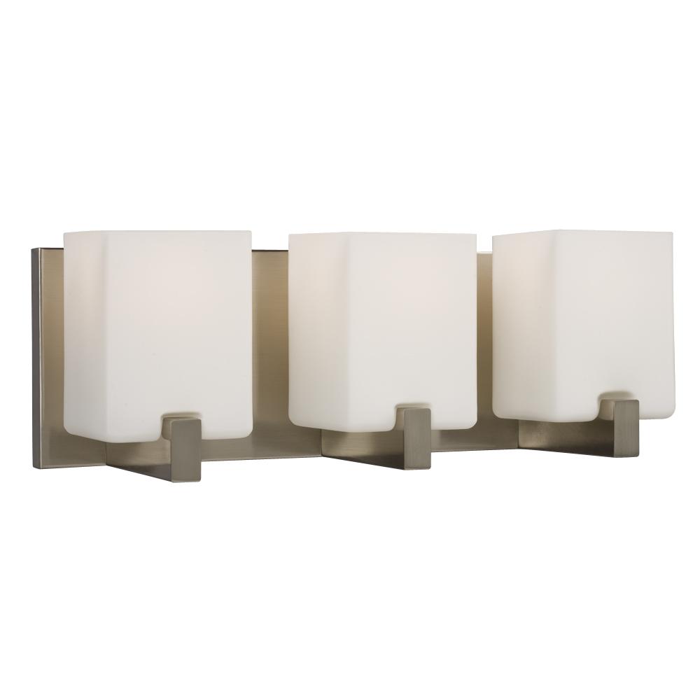 3-Light Vanity Light - Brushed Nickel with Square White Opal Glass Shades