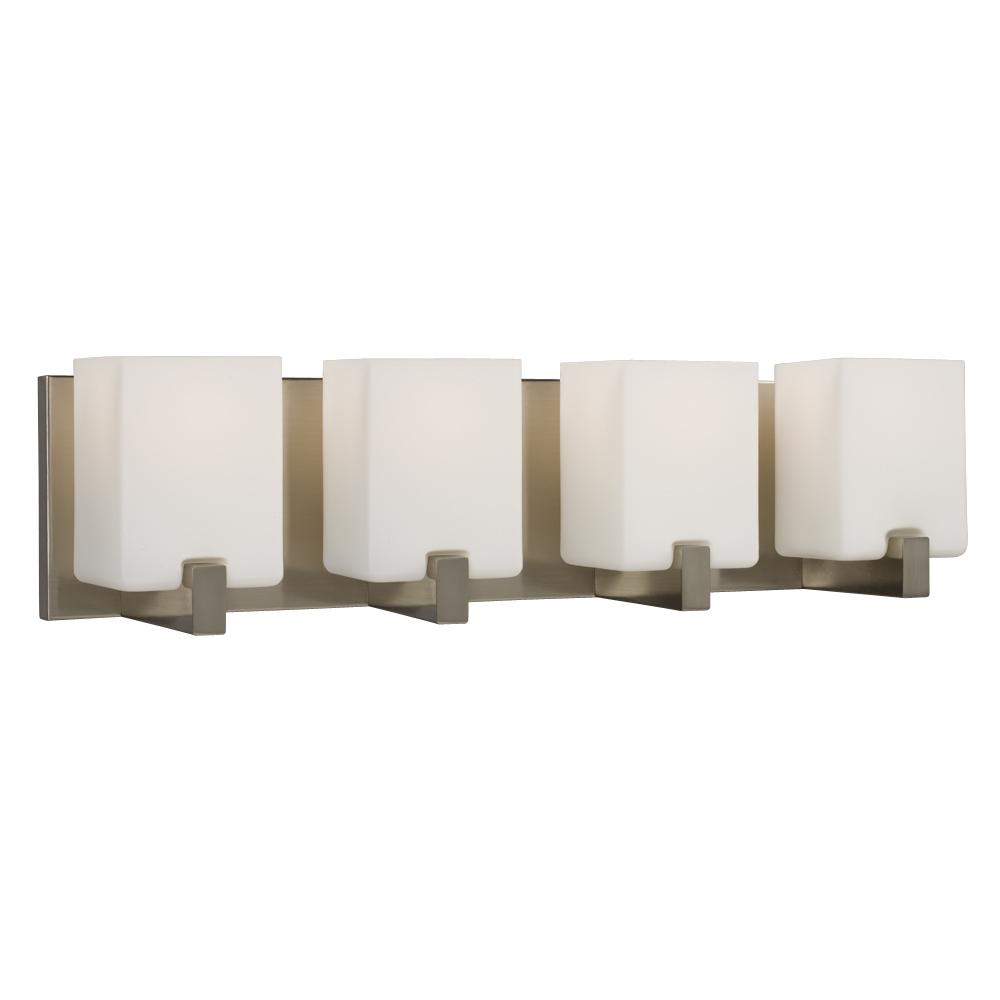 4-Light Vanity Light - Brushed Nickel with Square White Opal Glass Shades