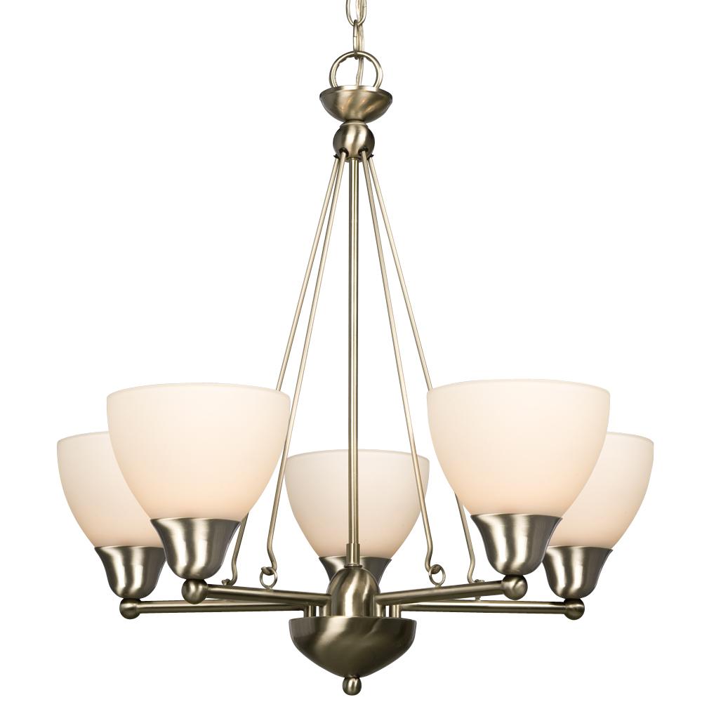Five Light Chandelier - Brushed Nickel w/ Frosted White Glass