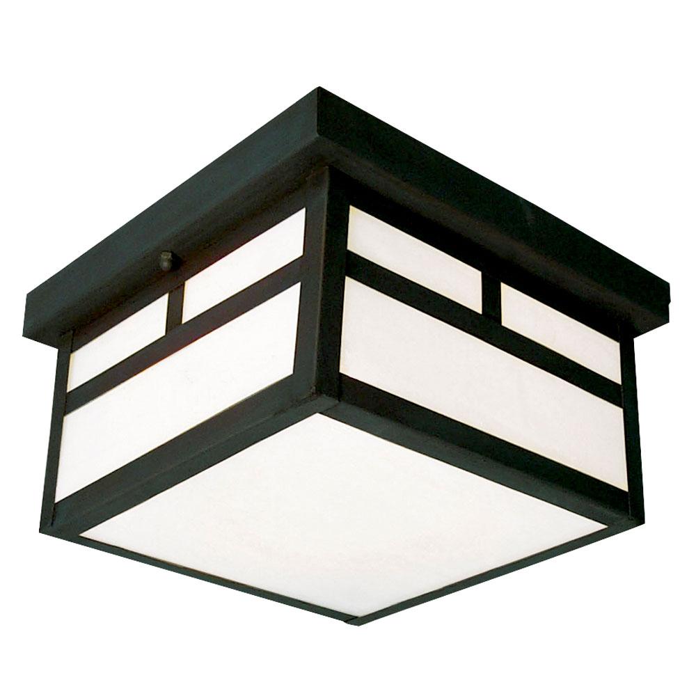 120-277V LED Outdoor Flush Mount Ceiling Fixture - in Black Finish with White Marbled Glass